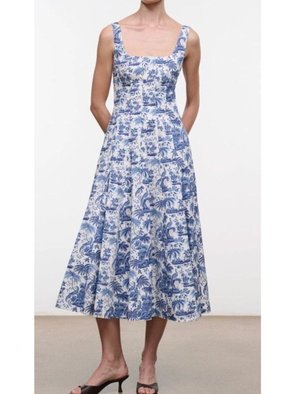 STAUD Wells Midi Dress in China Blue Toile Floral Size 0